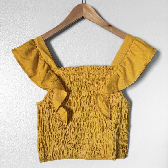 Monteau Linen Ruffled Smocked Yellow Crop Top Womens Small Boho Cottagecore Y2K - Picture 10 of 11